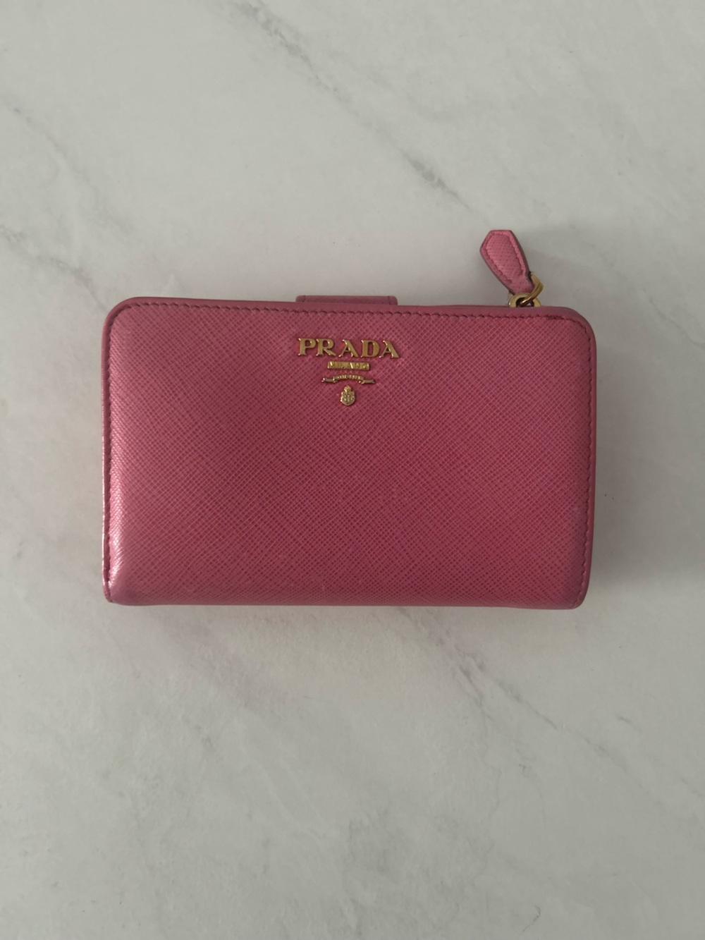 Prada Fuchsia Saffiano Leather Zip-Around Wallet with Gold Logo